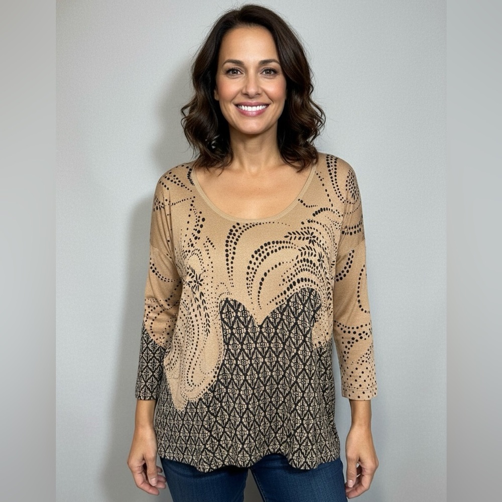 La Madonna Tan & Black Print Lightweight Stretchy Knit Size XL